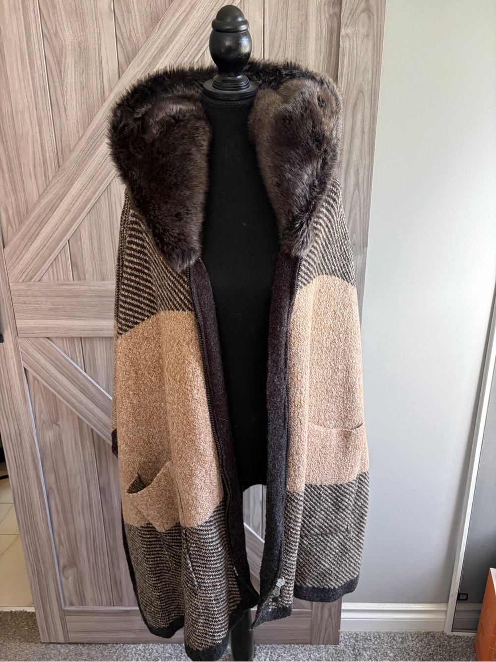 Zara Brown and Tan Hooded Knit Poncho with Faux Fur Trim